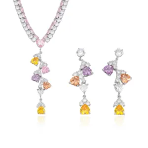 Elegant women's jewelry set with multicolor heart-shaped zircon stones necklace and earrings
