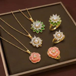 Luxury 18K Gold Plated Copper Necklace Ring Set For Women Zirconia Micro-inlaid Enamel Camellia Bear Pendant Flower Jewelry Light Luxury Style