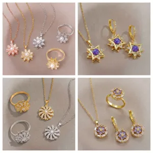 Collier et Bague avec Pendentif Fleur Rotative en Acier Titane pour Femme Perle Artificielle Strass Chaîne Clavicule Bijoux Or Argent Or Rose