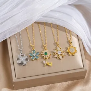 Drehbare Sonnenblume Halskette Kupfer Zirkonia Mikro Eingelegt Mode Anhänger Für Damen Koreanischer Stil 18K Vergoldet
