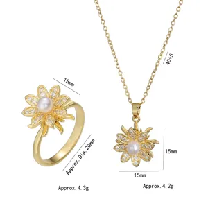 Guide des tailles détaillé pour cet ensemble collier fleur perle et bague en zircon