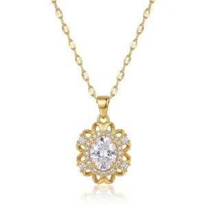 Macro view of gold pendant necklace featuring elegant floral oval zircon design