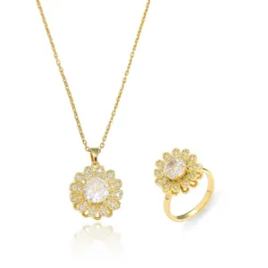 Close-up detail of a sparkling golden sunflower jewelry set with zircon accents