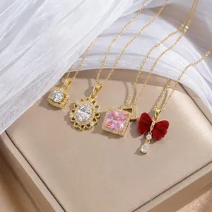 Fashion Zirconia Bowknot Pendant Necklace For Women Copper 18K Gold Plated Korean Style Floral Clavicle Chain Jewelry Gift
