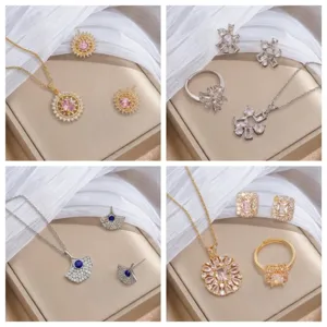 Titanium Steel Pink Flower Rhinestone Necklace For Women Korean Fashion Ginkgo Leaf Pendant Necklaces Earrings Jewelry Set