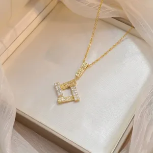 Elegant gold plated geometric square pendant necklace with zircon pavé for women