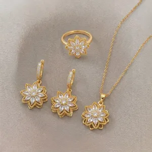 Elegant gold-toned flower jewelry set with marquise zircon necklace, earrings and ring.