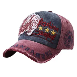 Retro distressed baseball cap with embroidered Indian head patch in maroon and grey finish.