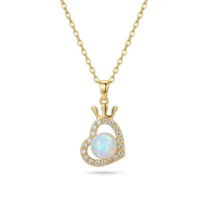 Detailed view of gold heart-shaped pendant necklace with crown and opal stone