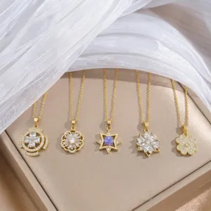 Titanium Steel Zirconia Pendant Necklace For Women Elegant Flower Snowflake Star Design Inlaid Jewelry Pendant Necklace