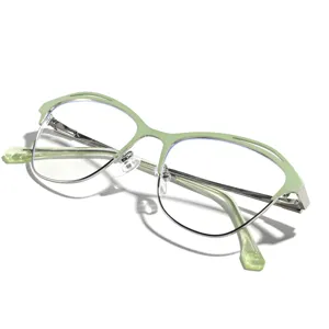 Modische grüne Metall-Cateye-Brille mit Edelstahlrahmen und silbernen Bügeln
