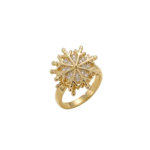 Detail view of a gold snowflake ring featuring shimmering cubic zirconia stones.