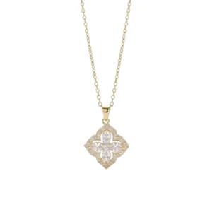 Collier élégant plaqué or avec pendentif fleur en zircone trèfle à quatre feuilles