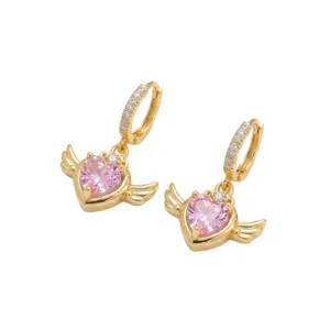 Élégantes boucles d'oreilles créoles cœur ailé doré avec cristaux de zircone roses