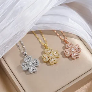 Dames Roterend Klavertje Vier Hart Hanger Halsketting Roestvrij Staal Strass Liefde Hart Sieraden Cadeau Voor Vrouwen