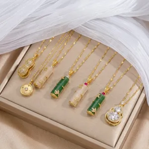 New Chinese Style Bamboo Joint Necklace For Women 18K Gold Plated Titanium Steel Chalcedony Rhinestone Pendant Clavicle Chain Gourd Peanut Oriental Jewelry