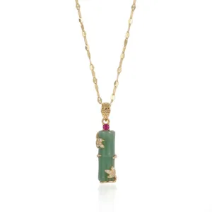 Elegant New Chinese style green bamboo pendant necklace with gold accents