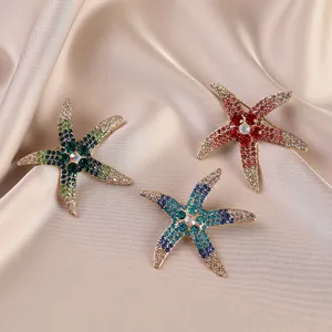 Cute Multicolored Starfish Alloy Brooch With Sparkling Rhinestones Shiny Electroplated Clothing Pin Accessories For Women Decoration