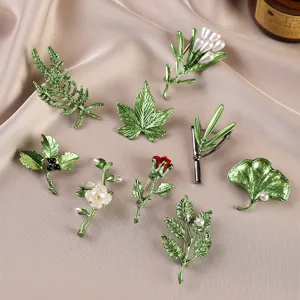 Green Plant Flower Brooch Elegant Enamel Leaf Bamboo Rose Pin For Women High Grade Coat Sweater Accessories Alloy Jewelry