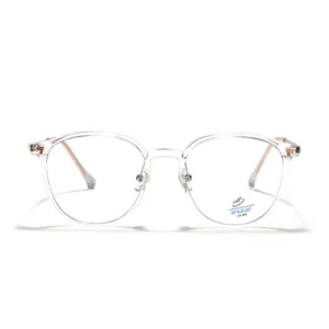 Modisches rundes transparentes Brillengestell mit Blaulichtschutz und roségoldenen Akzenten.
