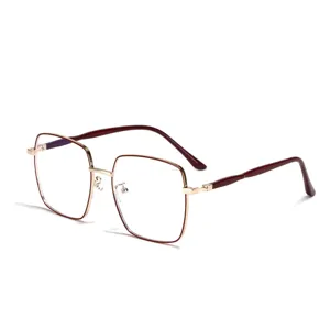 Oversized square metal frame glasses for men and women in dark red and gold finish