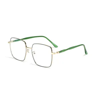 Classic oversized square metal frame glasses with green temples for men and women