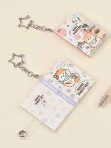 Mini transparent cat notebook with star keychain, cute cartoon design diary book for backpack.