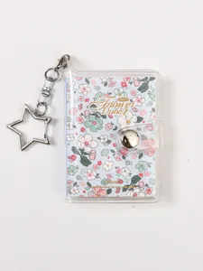 Mini transparent floral notebook journal with star keychain, portable pocket memo pad.