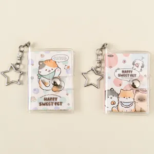 Mini Pocket Notebook Cute Cartoon Cat Transparent PVC Memo Pad With Star Metal Keychain Portable School Stationery Gift