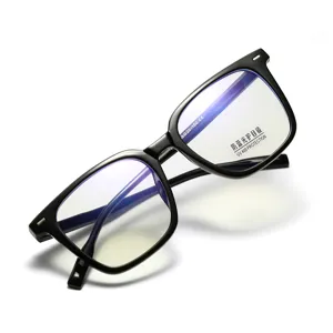 Close-up detail of black TR90 square frame glasses featuring anti-blue light lenses