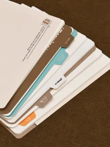 Primo piano dettagliato di linguette di indice colorate con simpatiche illustrazioni di gatti.