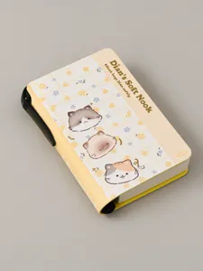 Close up of cute pocket notebook with cat pattern and yellow plaid cover, portable design.