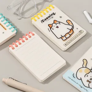 Cuaderno de espiral A7 bonito con ilustración de gato, rayado, bloc de notas de bolsillo.