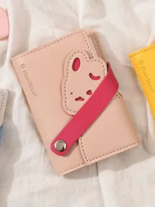 Kleine PU-lederen notitieboek kaartjeshouder met schattige konijn applicatie en roze drukknop