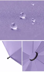 Detail view of purple folding umbrella featuring waterproof fabric and fine stitching.
