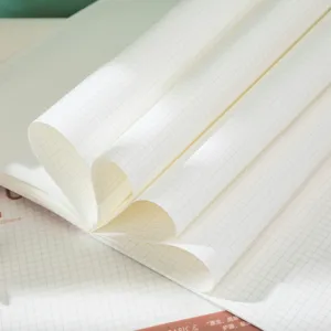 Quaderno a quadretti B5 dettaglio, carta crema protezione occhi, design apribile a piatto.