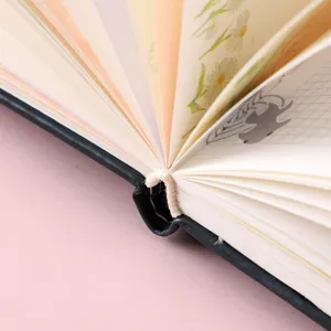 Bellissimo taccuino diario agenda con illustrazioni floreali pagine aperte e dorso nero elegante.