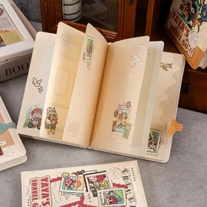 Gedetailleerde weergave van geïllustreerde reisplanner met kleurrijke binnenpagina's en gesp