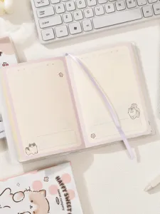 Gedetailleerd overzicht van schattig Koreaanse stijl raster notitieboek met cartoon en bladwijzer.