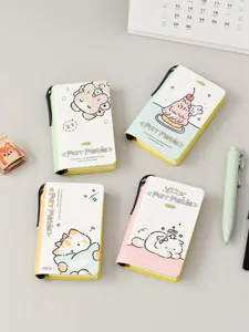 Detail view of four mini pocket notebooks featuring cute animal illustrations and pen holders