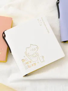Cuaderno de bolsillo blanco con diseño de gato dorado y portalápices para notas escolares