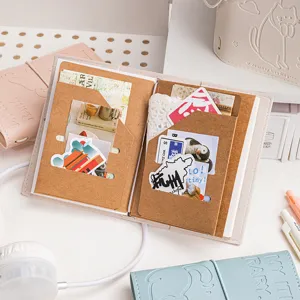 Detail view of a leather travel planner with card slots and cute decorative stickers.