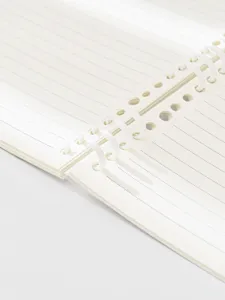 Detail view of A5 loose-leaf notebook featuring white segmented rings and neat lined paper.