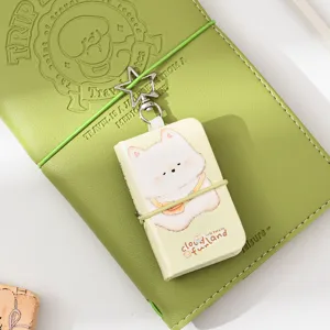 Mini notebook with keychain portable cute small diary book and green leather cover aesthetic