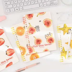 A5 loose-leaf spiral notebook featuring cute fruit slice and cat designs, school use.
