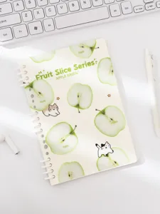 A5 spiral notebook with cute apple slice pattern and cat design fresh green stationery item