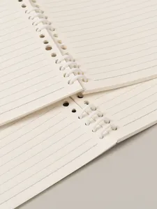 Detailopname van losbladig notitieboekje met witte plastic ringen en crèmekleurig gelinieerd papier.
