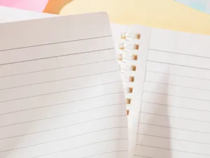 Gedetailleerd overzicht van B5 spiraalnotitieboek binnenpagina's, gelinieerd met afscheurlijn.