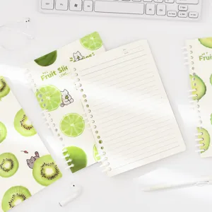 A5 loose-leaf spiral notebook with cute green fruit and cat cover design for students.