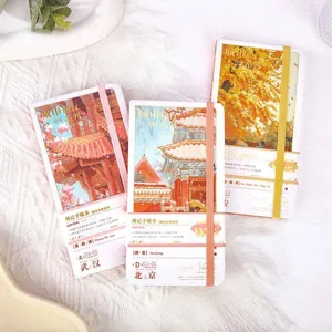 Detailed close-up view of Chinese city travel theme hardcover weekly planner notebooks.
